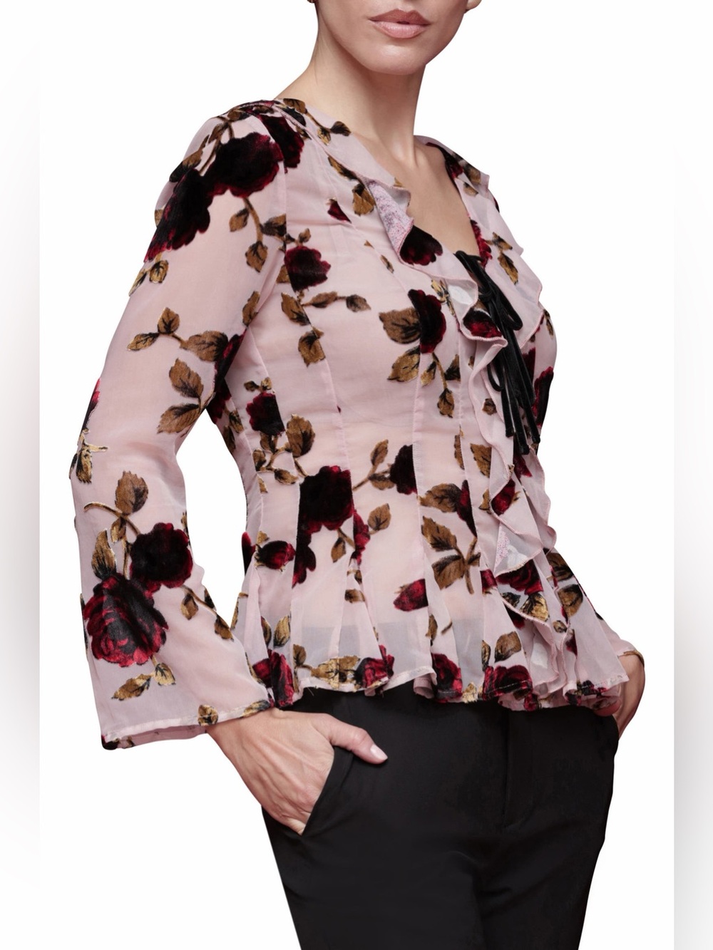 Avec Les Filles Burnout Velvet Floral Ruffle Blouse Pink Size S NWT - Picture 3 of 9